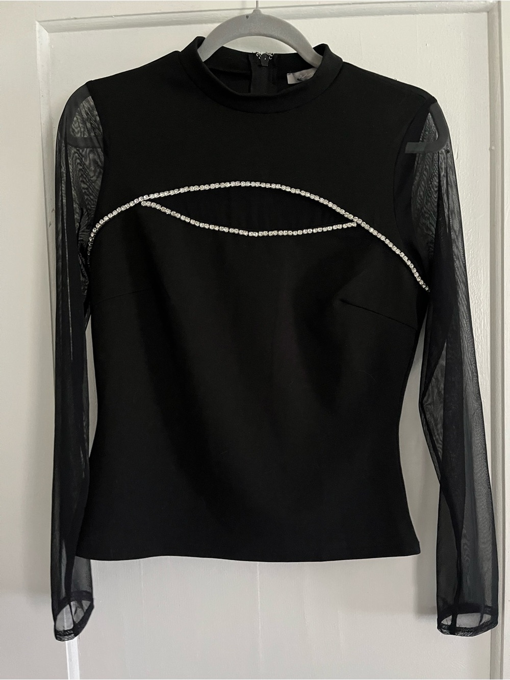 Black Mesh Sleeve Rhinestone Detail Top